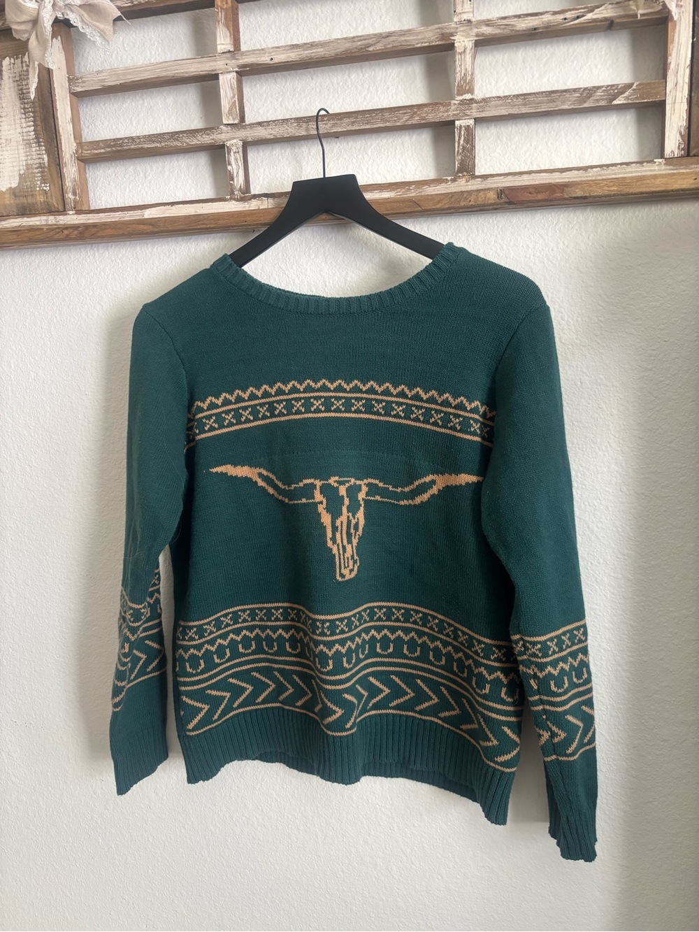 Teal Crewneck Sweater with Longhorn Motif